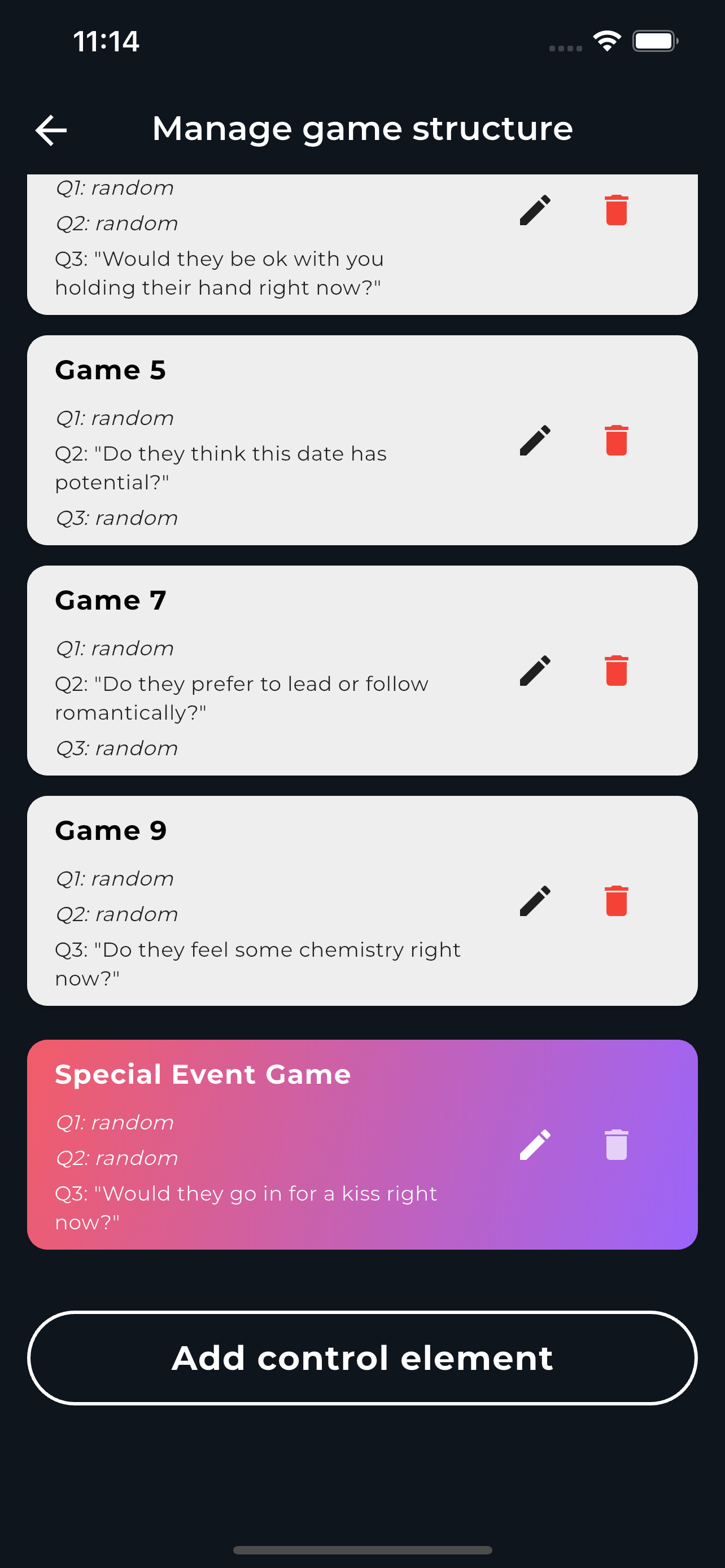 Game structure control screen